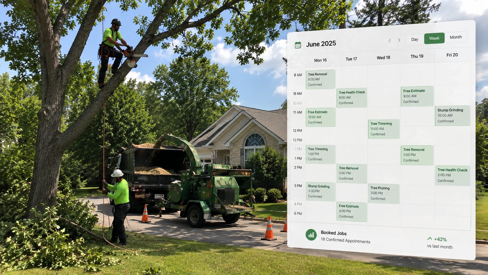Tree service crew at work alongside the EyeSpark Media booking calendar